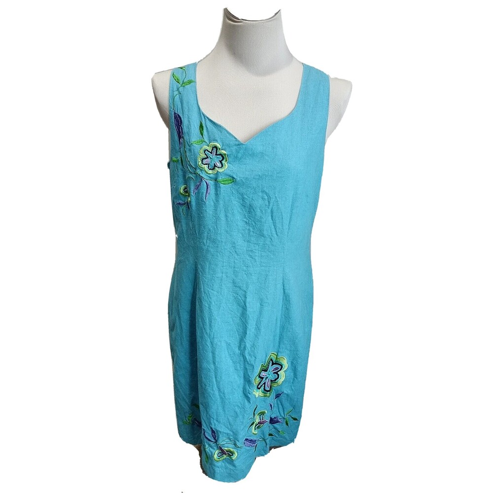 Vintage Betsy Lauren Linen Dress Turquoise Embroidered Flowers Size 12 Lined